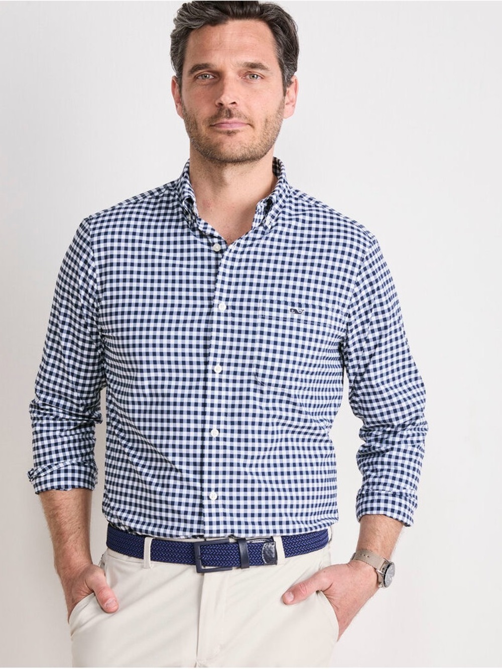 NWT Vineyard Vines Seersucker Fishing Shirt Navy and White Gingham Button-Down